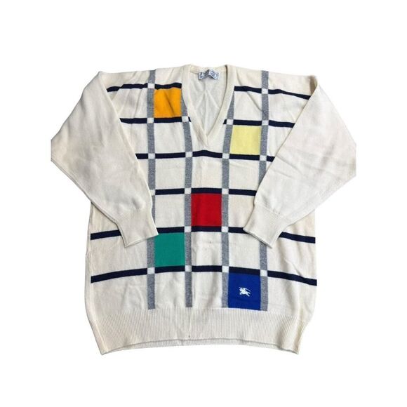 Burberrys Vintage Men’s XL Sweater 100% Lambswool Geometric Checkered Pullover - Picture 1 of 10